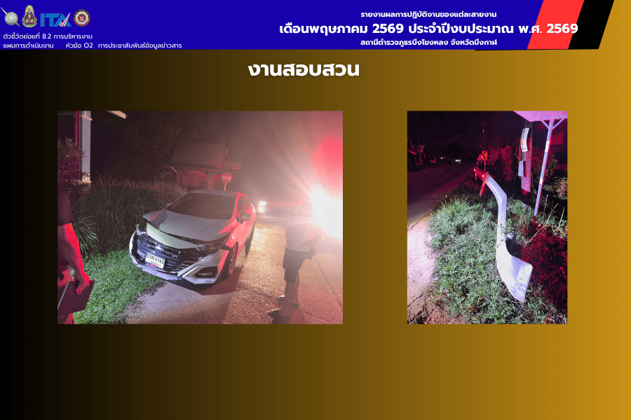 งานสอบสวน สภ.บึงโขงหลง ลงพื้นที่ตรวจสอบเหตุรถยนต์เสียหลักหลุดโค้ง