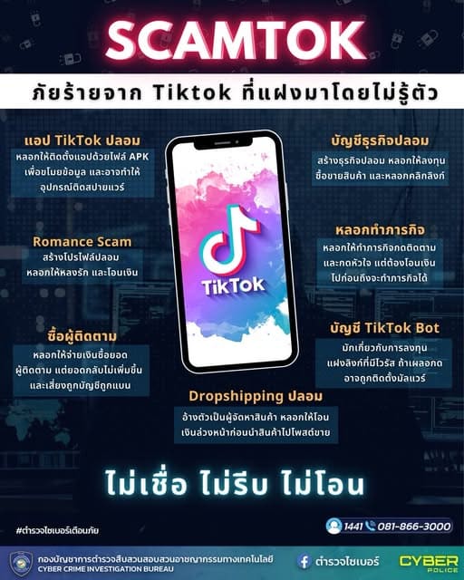 ตำรวจไซเบอร์ฝากเตือนภัย SCAMTOK